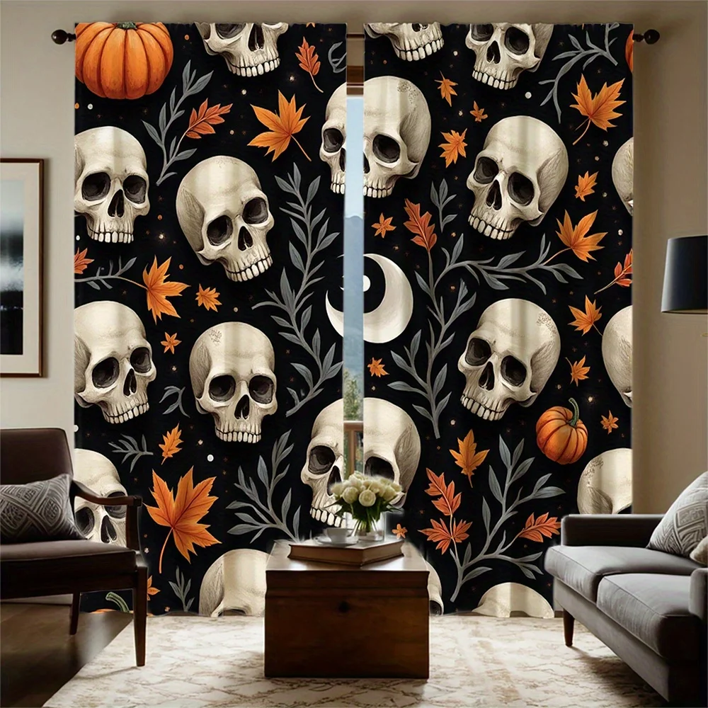 2pcs HD Digital Printed Black Background with Skull, Pumpkin, Maple Leaves, Crescent Moon and Branches Pattern Festive Atmospher