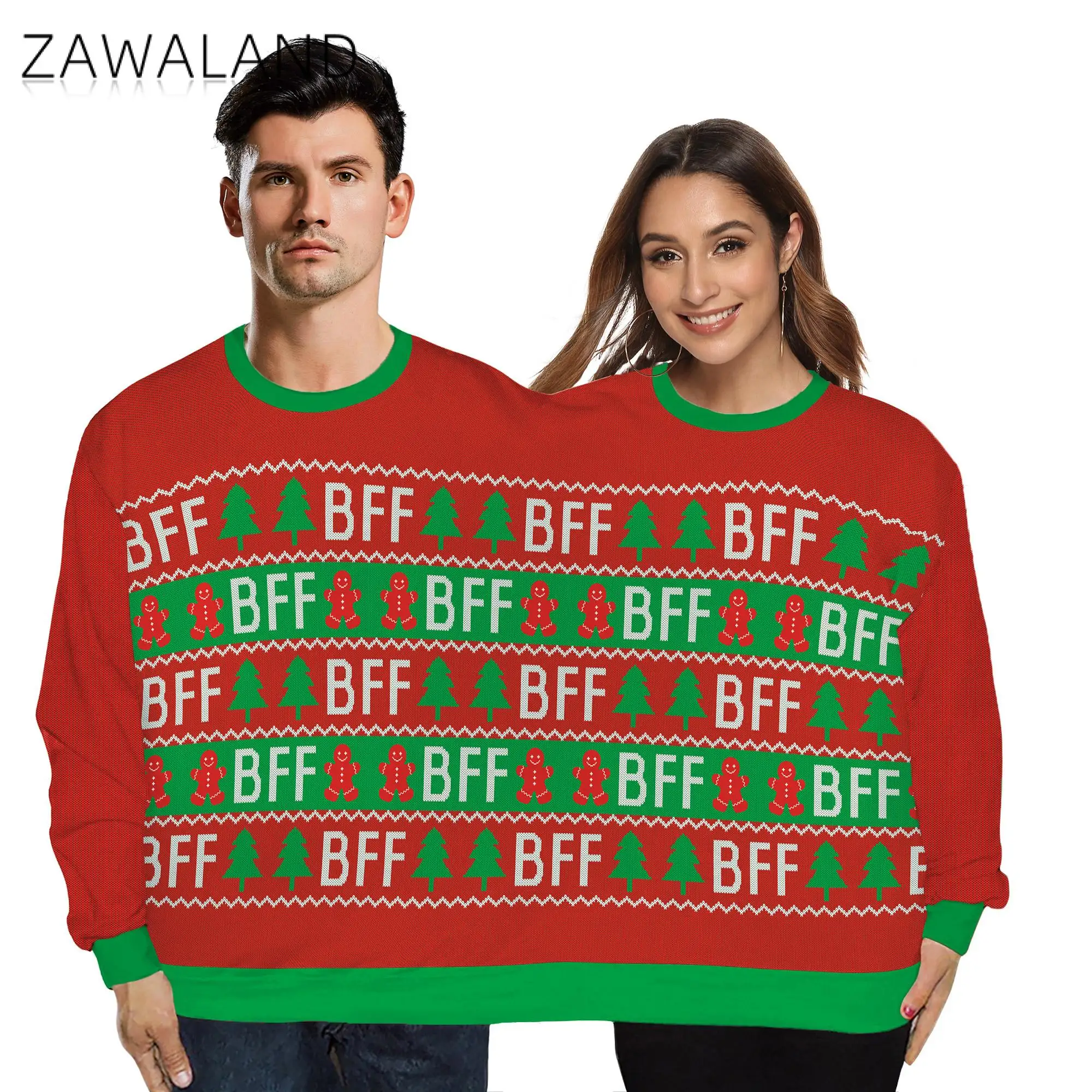 ZAWALAND Christmas Sweatshirts Men Women Hoodies Printed Conjoined Two Person Pullover Novelty Jumpsuit Couples Sweatshirts