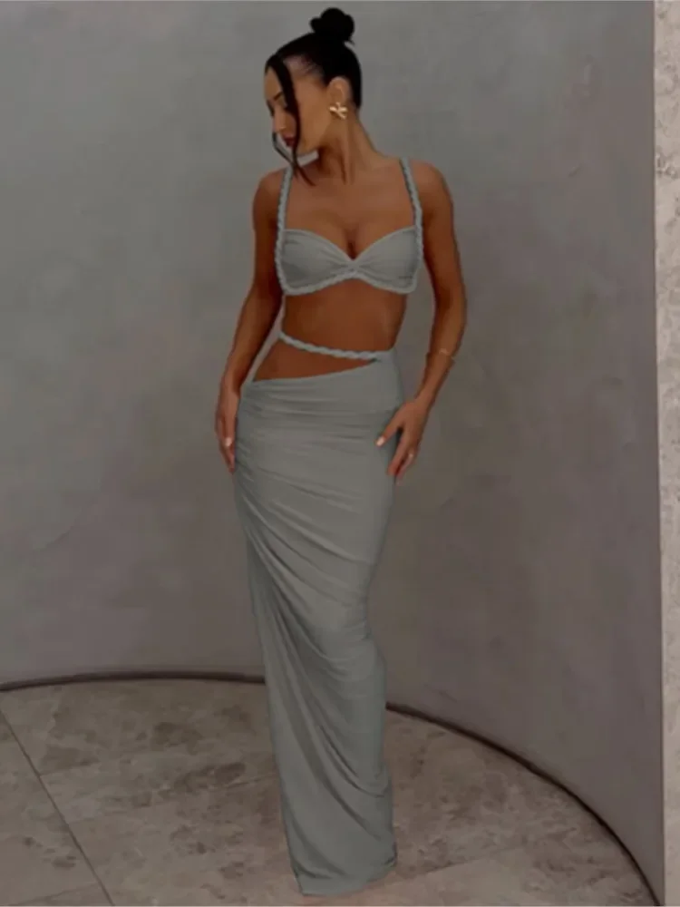 Traje de baño falda cubierta-up conjunto de 2 piezas mujeres Crop Tops y falda larga traje de baño moda sólido hueco Sexy playa cubrir trajes