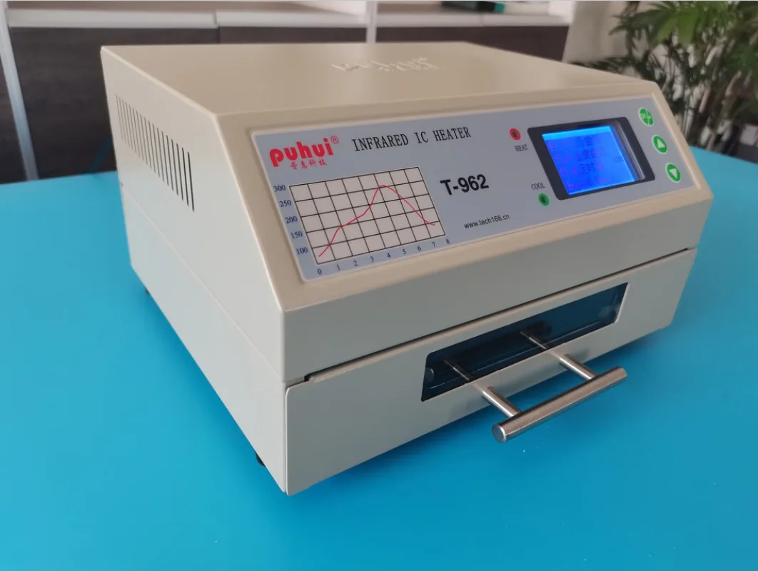 PUHUI T-962 220V Peralatan Reflow Reflow Inframerah dengan Saluran Asap Oven Tungku IC Pemanas BGA Ulang Stasiun