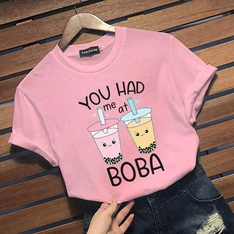 

New Funny Boba Pattern Print T-shirt Women's Casual Cute Outdoor Comfortable Round Neck T-shirt Tops