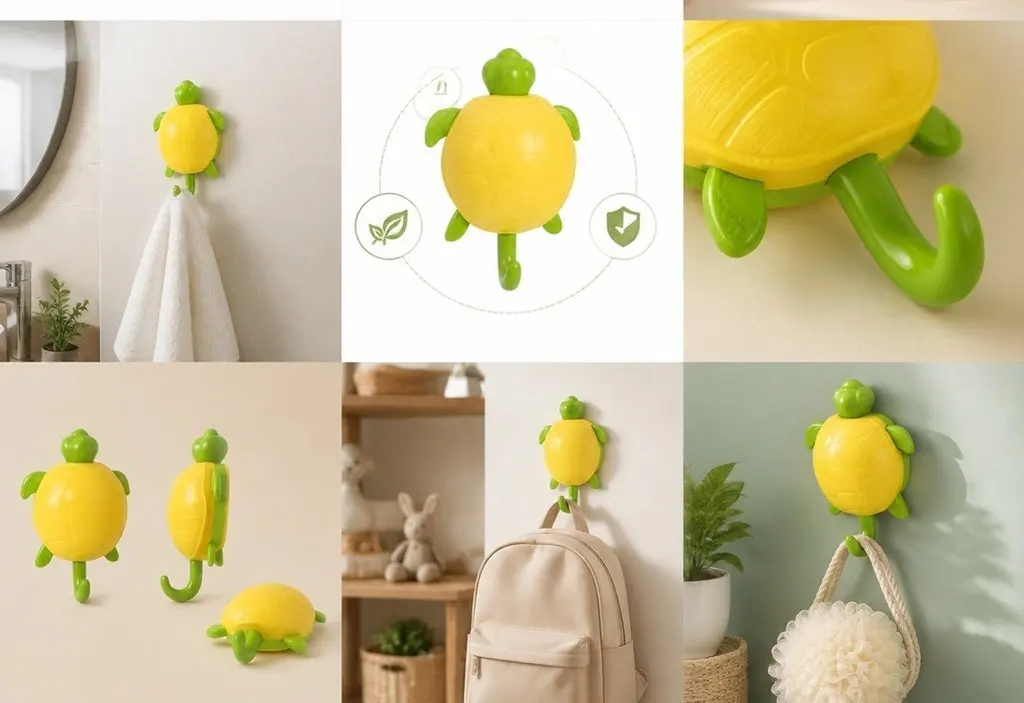 6Pcs Adhesive Wall Hooks Cute Turtle Design Damage Free Hanging Clothes Towels Bathroom Room Nursery Hooks Organizer