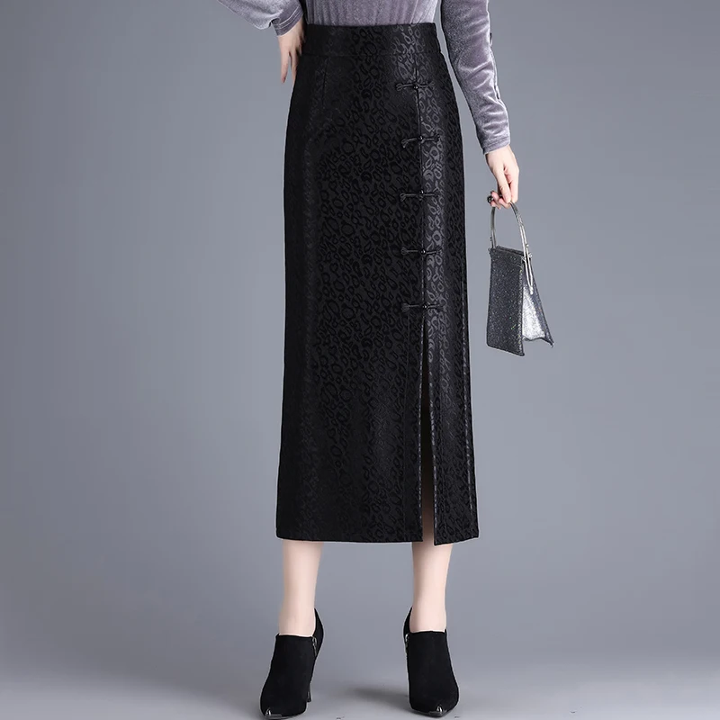 ZUZK Retro Button Splice Mid-Length Bodycon Skirt Women's Autumn Winter New Style Slimming High Quality Polyester Fiber Skirt