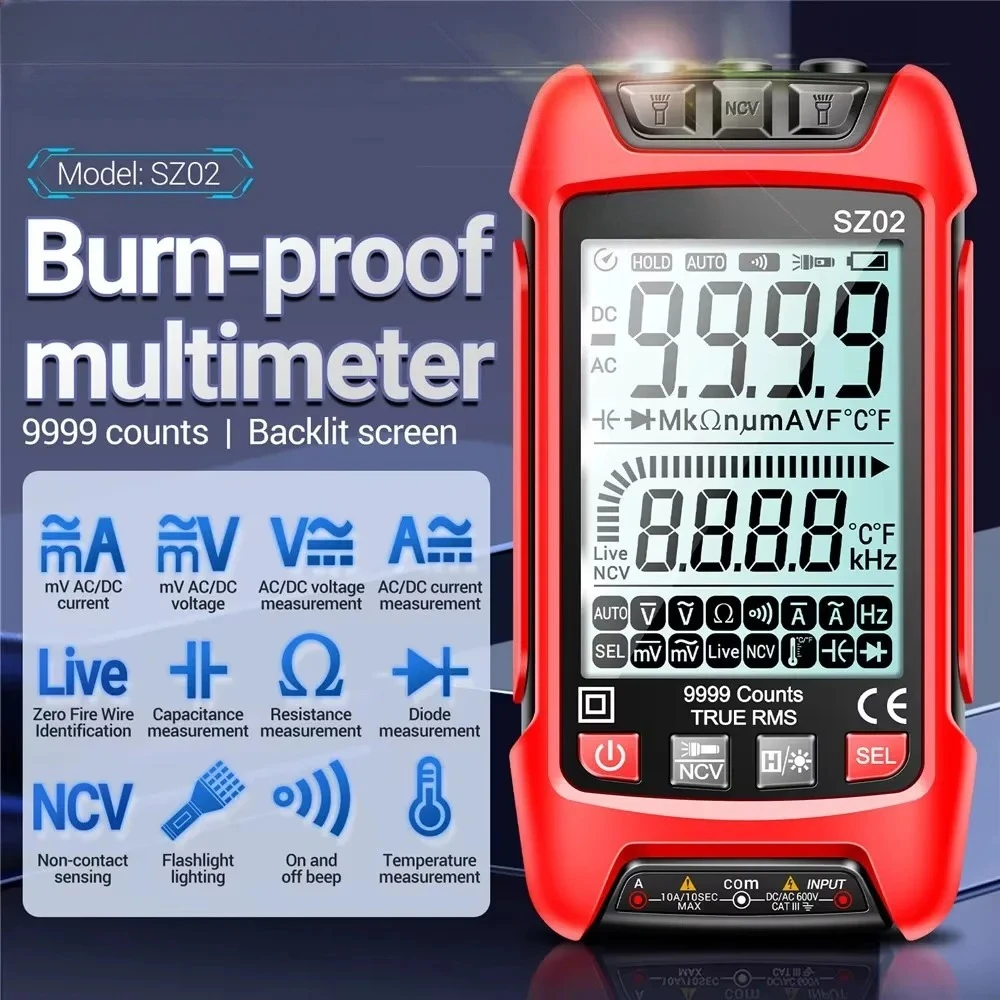 SZ02 Digital Multimeter Transistor Smart Testers 9999 Counts True RMS Auto Electrical Capacitance Meter Temp Resistance