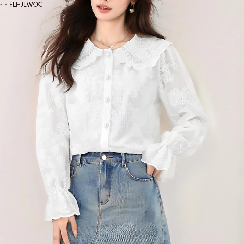 Podstawowe Koszule Bluzki Gorąca Wyprzedaż Jesień 2025 Damskie Eleganckie Koreański Styl Preppy Rozkloszowane Rękawy Kołnierzyk Peter Pan Biała Koszula na Guziki z Koronką