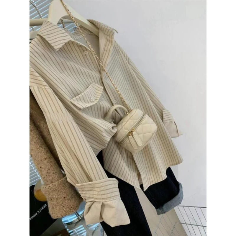 Women Classic Striped Casual Streetwear Single Breasted Shirts Spring Autumn Trendy Oversize Blouses Y2K Female Long Sleeve Tops