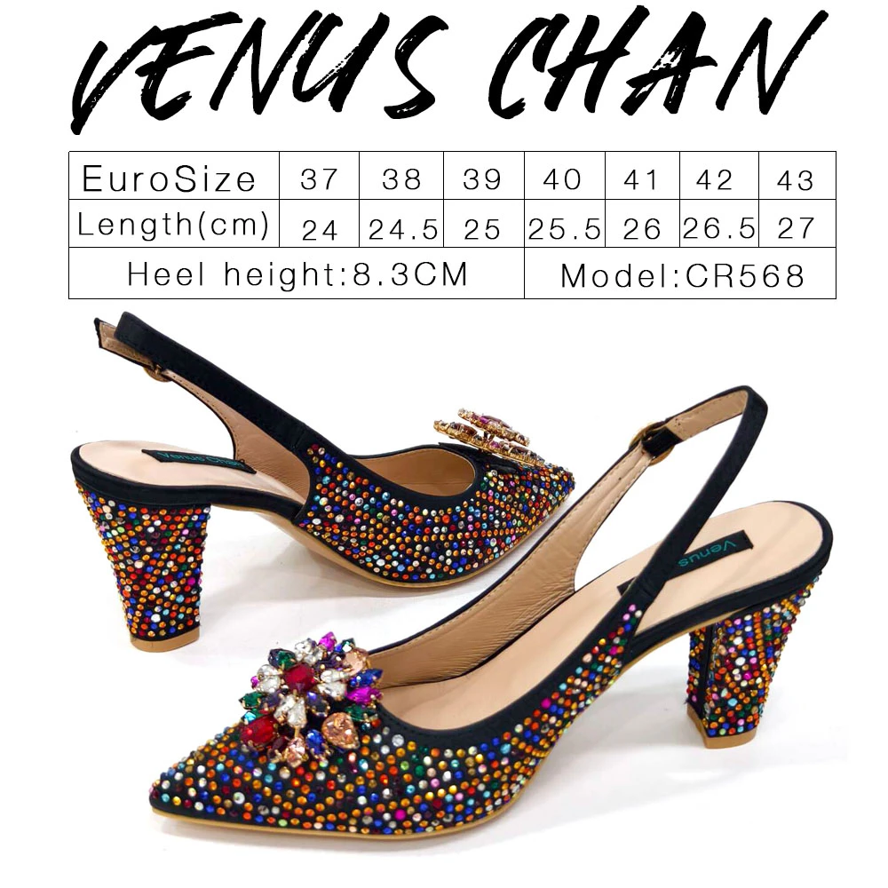 Venus Chan Elegant Woman Heel Shoes INS Style Pointed-Toe Rhinestone Pumps African Ladies Italian Shoe and Bag Set Designer 2024