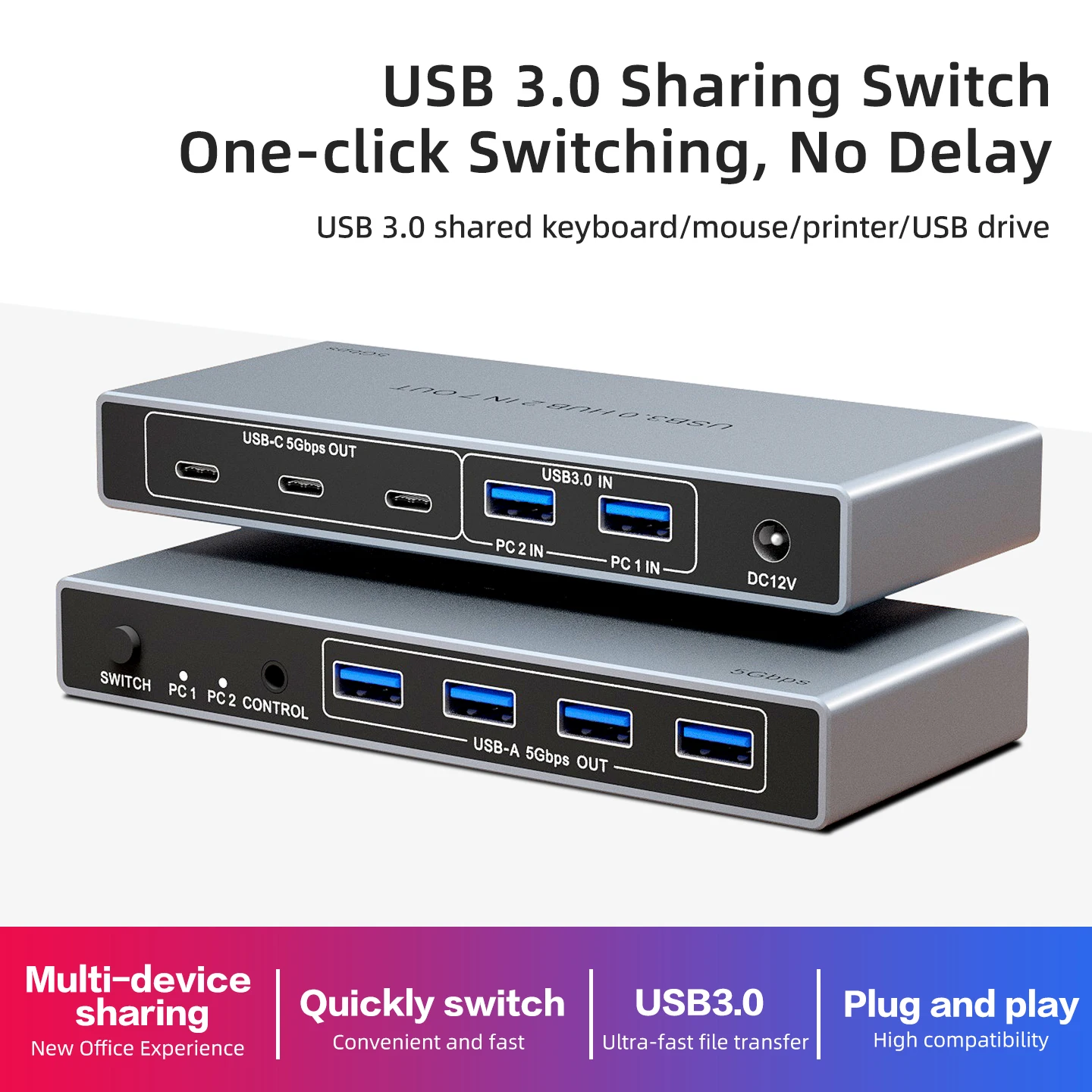 2-in 7-Out USB 3.0 Switch,USB Switcher for 2 Computers Share USB A & C Devices (4USB-A + 3USB-C),USB Switch Share Keyboard Mouse