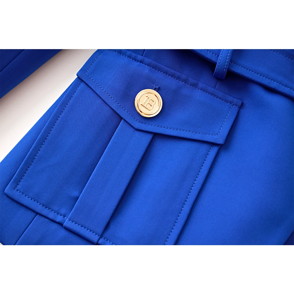 High Qualtiy Classic Women Royal Blue Belt Slim Jacket Workwear Formal Design Fashion Jacket