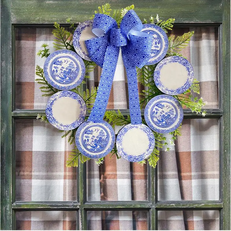 Blue And White Wreath Rustic Farmhouse Winter Door 15inch Wreath With Porcelain Plate Design Handmade Christmas Entry Wreath