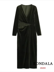 KONDALA Sexy Solid Women Dress V Neck Long Sleeve Slim Velvet Long Dress Fashion 2023 Autumn Holiday Evening Club Dress