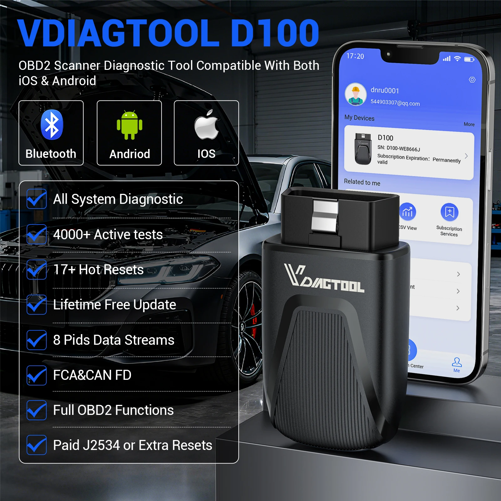 VDIAGTOOL D100 OBD2 Scanner All System Car Code Reader Active Test 17 Reset FCA&CANFD Car Diagnostic Tool Lifetime Free Update