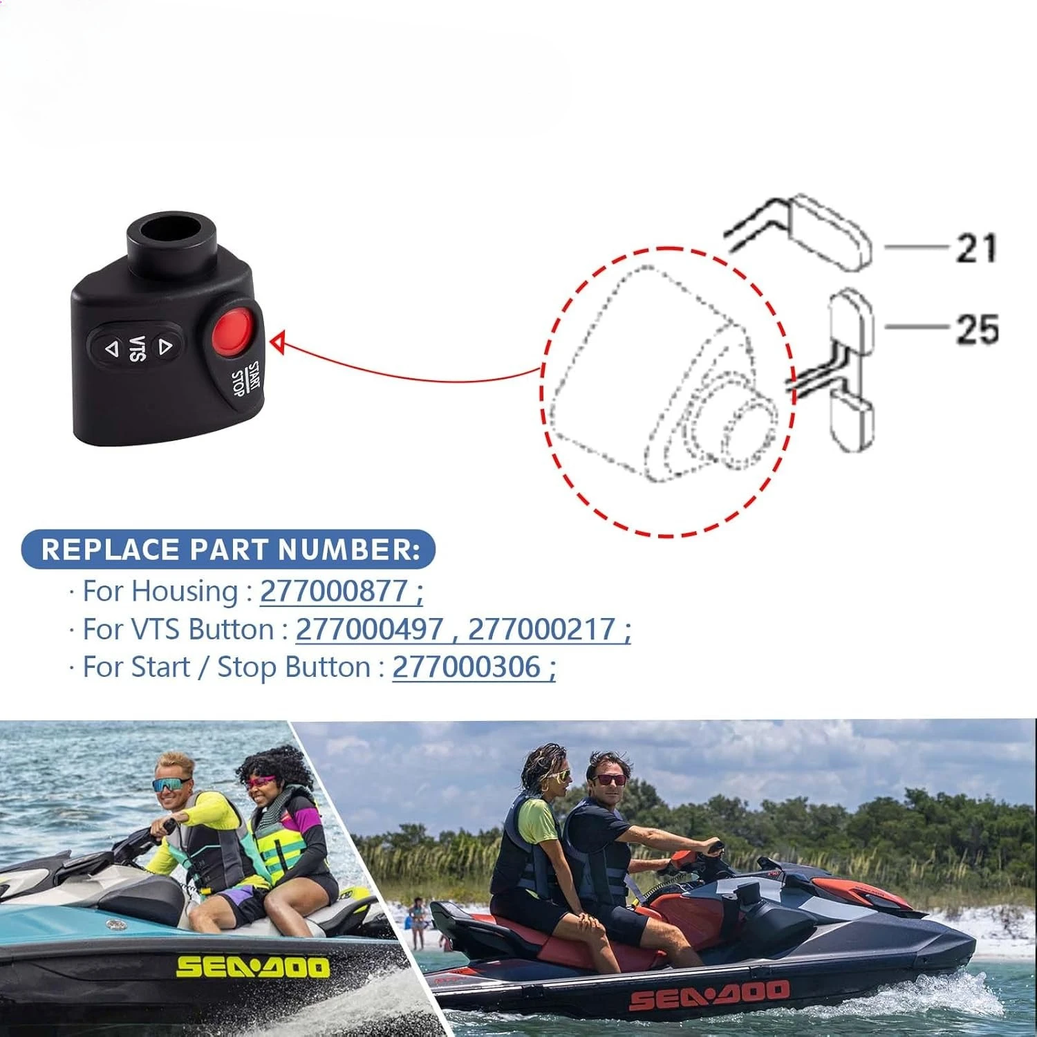 277000877 Start Stop VTS Housing Switch for Sea-Doo Jet-SKI Watercraft GSX Limited RX DI XP LTD 1996-2004 VTS Button: 277000497