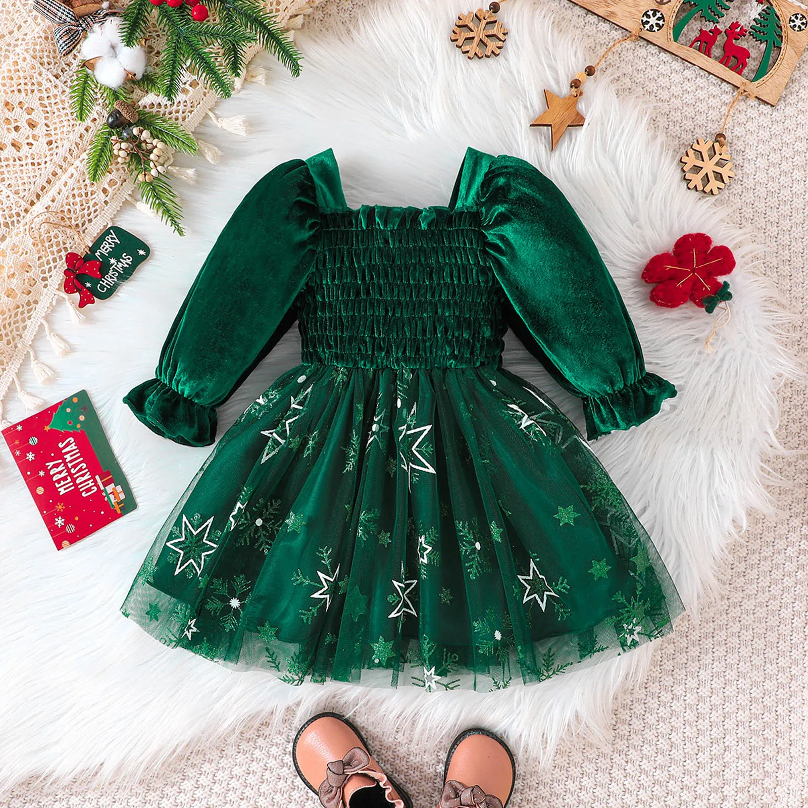 1 2 3 4 5 Years Toddler Children Girls Christmas Dress Fall Winter Long Sleeve Star Prints Dresses Tulle Dress Christmas Clothes