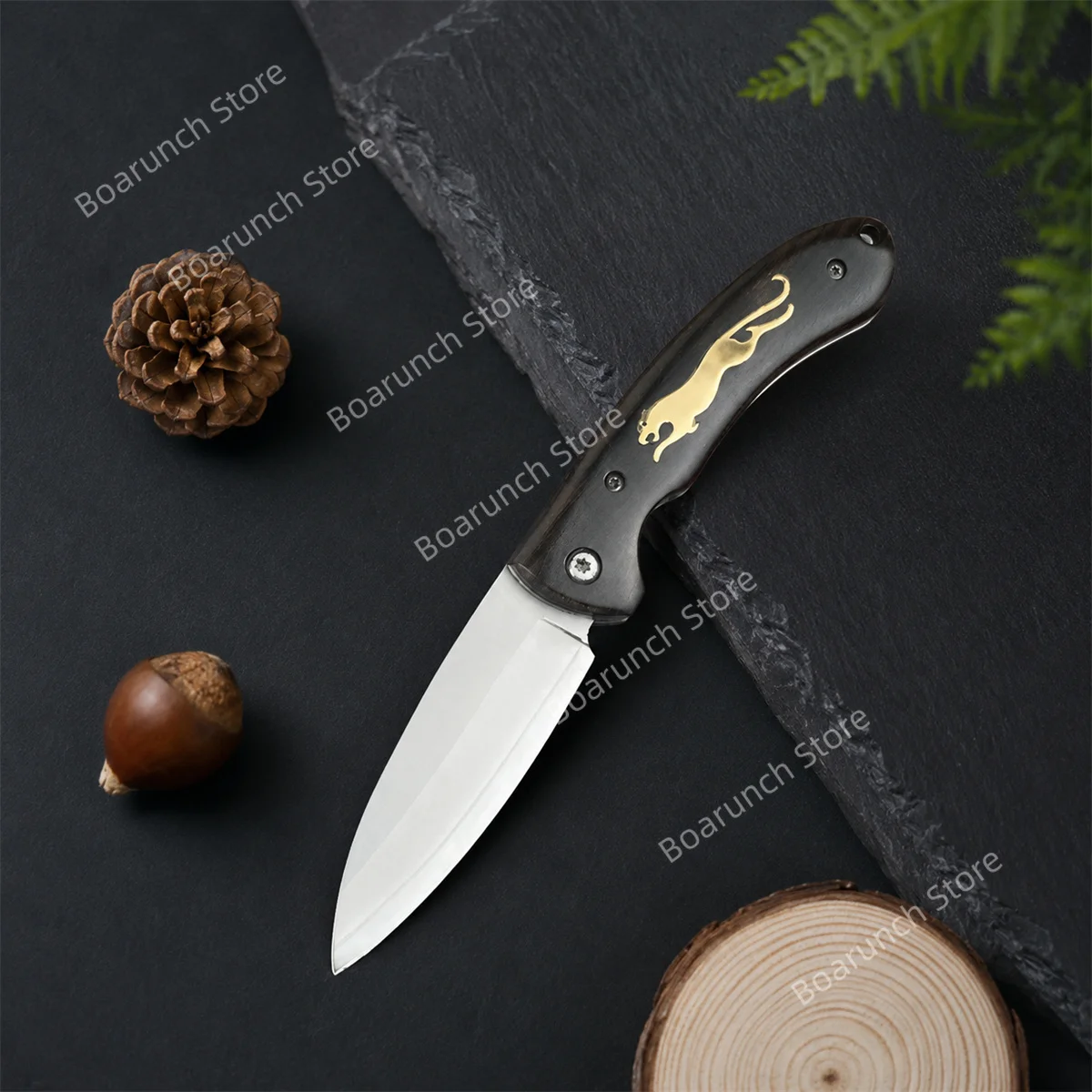 High Quality Folding Knife Outdoor EDC Pocket Knife Leopard Pattern Black Walnut Wood Handle, Camping Fishing Knife
