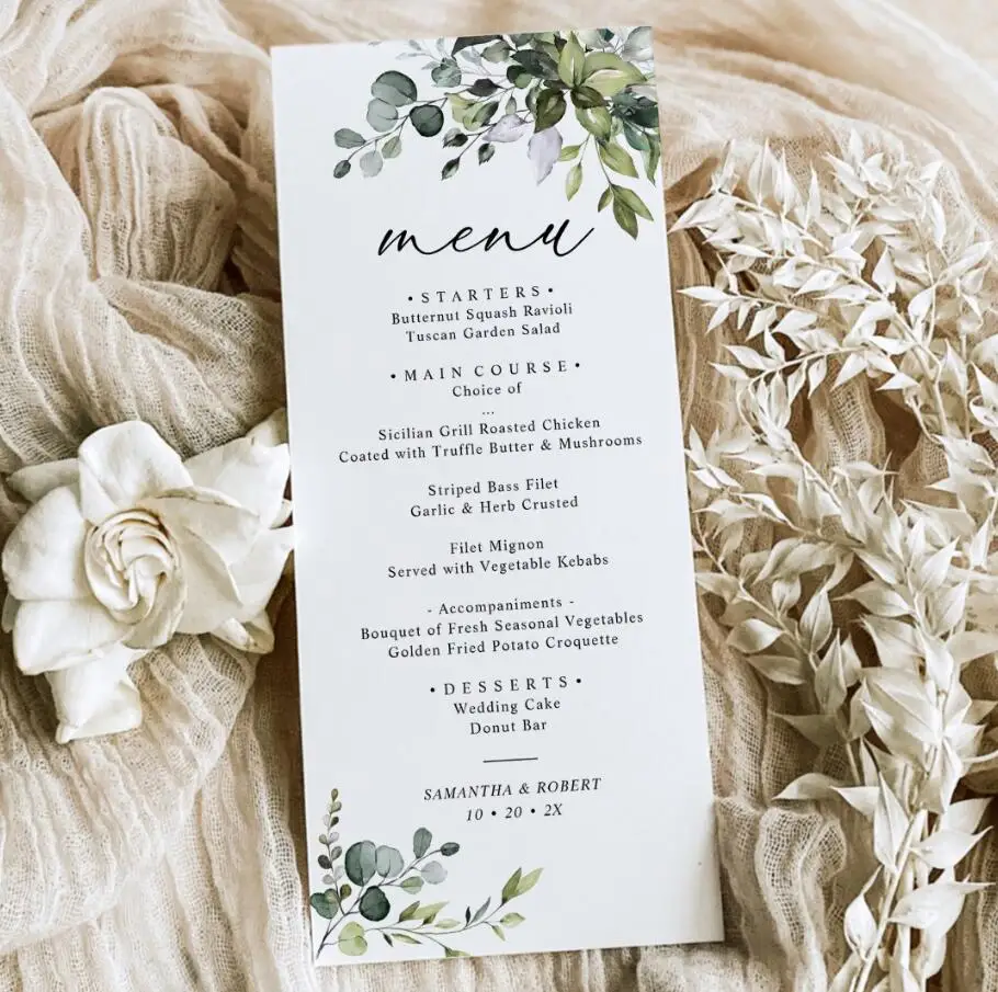 Customizable Wedding Menu, Personalized Wedding Menu, Green leaves and Flowers Menu Cards for Wedding, Custom Wedding Table Menu