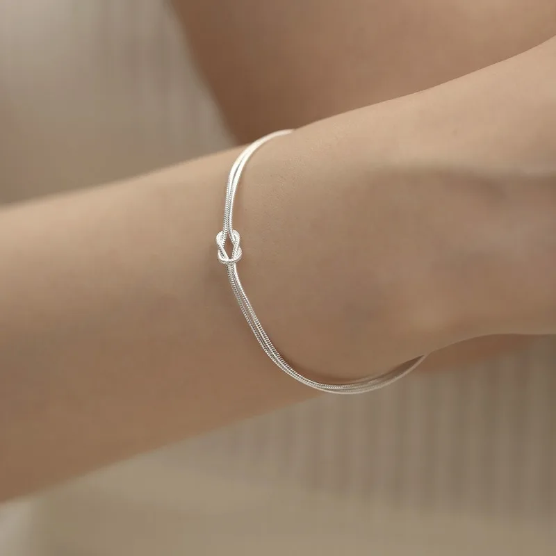 New Minimalist Personality 925 Sterling Silver Knots Double-layered Snake Chain Bracelet for Woman Jewelry Accessories Colorfast