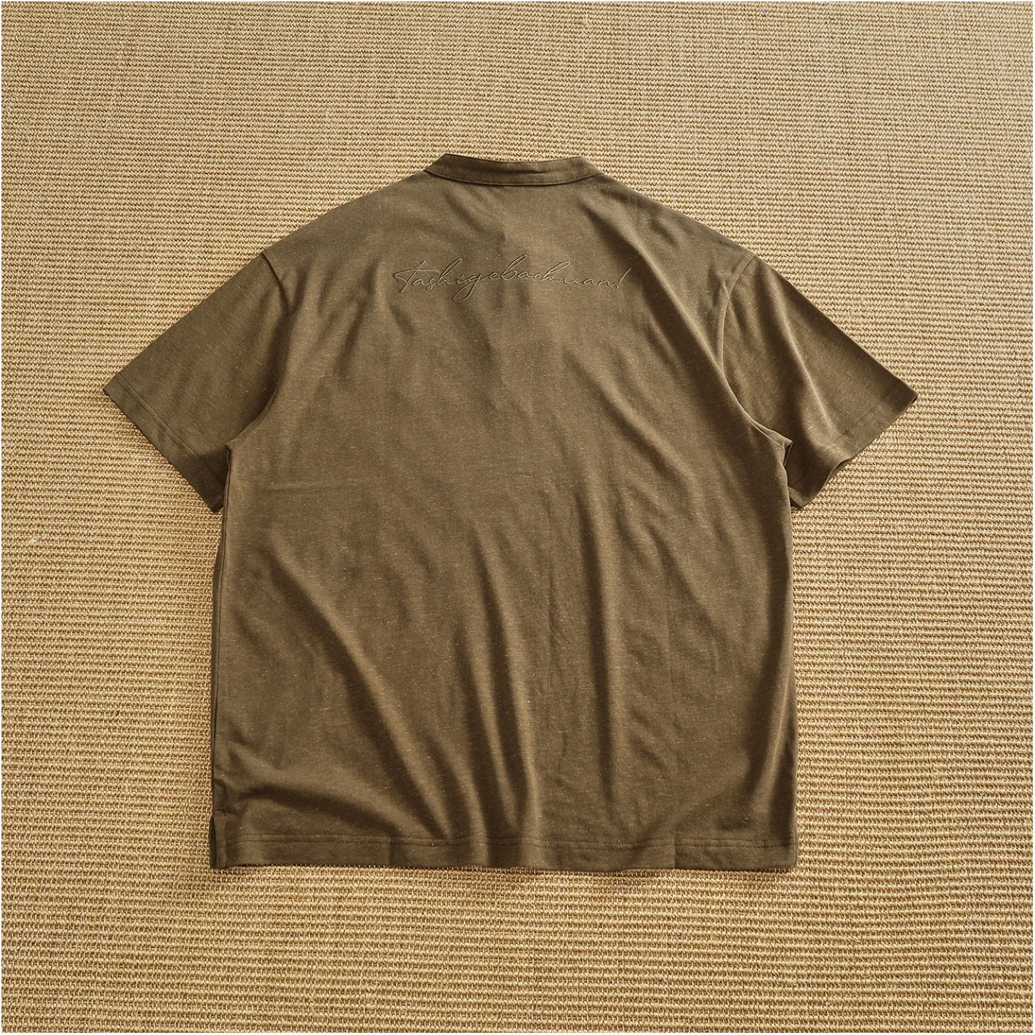 Cool cotton and linen Henry collar T-shirt men's retro four-button embroidered loose off-shoulder short-sleeved top