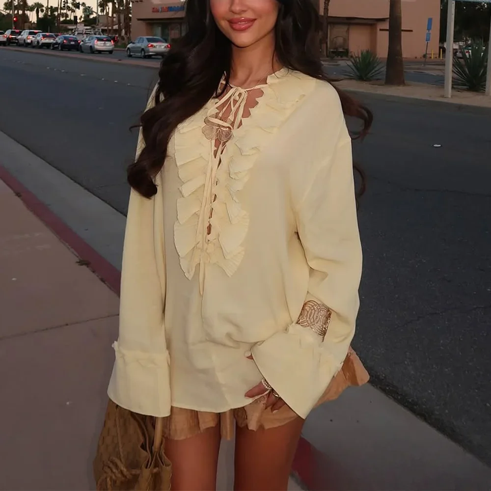 

KONDALA Women Butter Yellow Shirt Solid Lace-up Ruffle Trim V-Neck Loose Shirt New 2025 Spring Fall Fashion Party Holiday Shirts