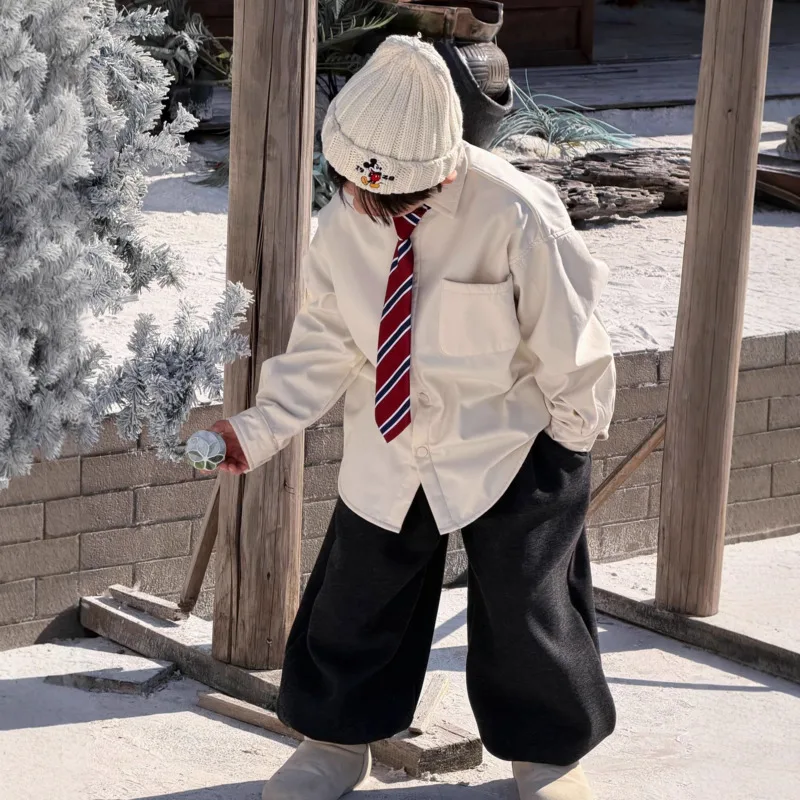 2026 Winter Spring Korean Children Kid Clothing Boys Thick Fleece-Lined White Shirt Inner Top 3-12 Year Toddler Teenagers Outfit