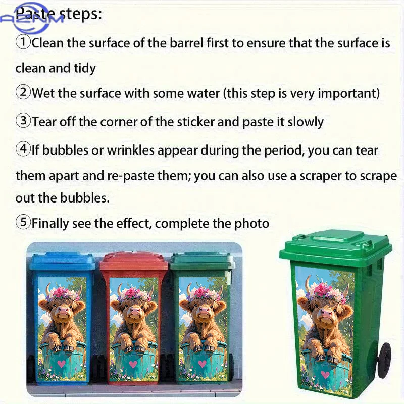 [2D Flat Printing] 1pc 2D Pattern Printed Kitchen Trash Can Sticker, X Cm, Cute Cow Admiring Flowers Theme Kitchen Home Decor