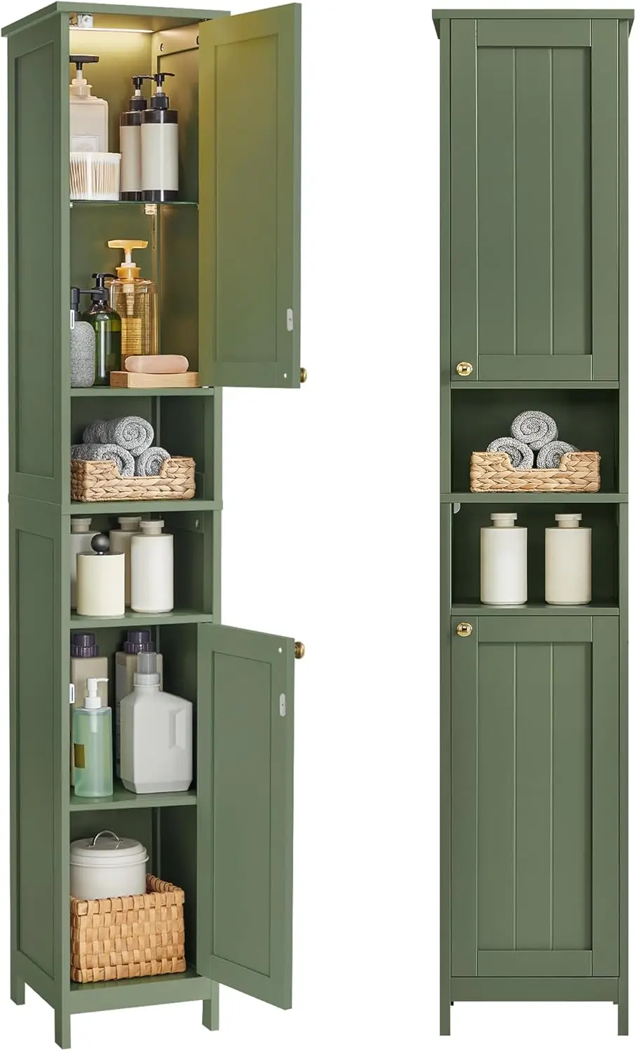 Tall Bathroom Cabinet with Lights, Slim Bathroom Storage Cabinet, Freestanding Narrow Cabinet with Adjustable Shelves, for Small