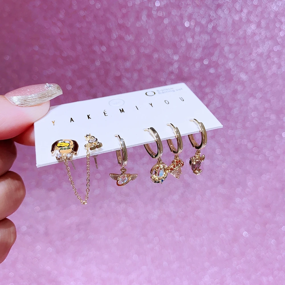 MIGGA 6pcs Mix and Match Design Cartoon Dangle Earrings Set Gold Plated Cubic Zircon Women Jewelry