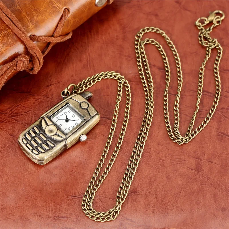 Bronze Mobile Phone Shape Men Women Quartz Pocket Watch Pendant Necklace Chain Small Size Timepice Arabic Number Clock
