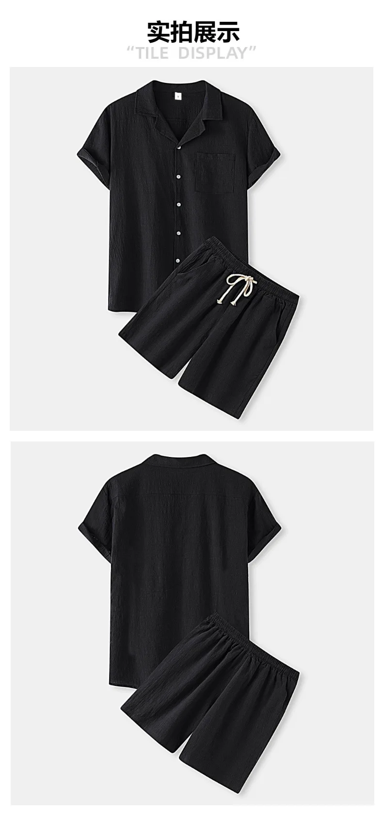 2026 Sommer Herren Einfarbiges Baumwoll-Leinen Zweiteiler-Set Revers Kurzarm-Hemd Passende Shorts Modisches Lockeres Freizeit-Outfit S bis – Detail 8