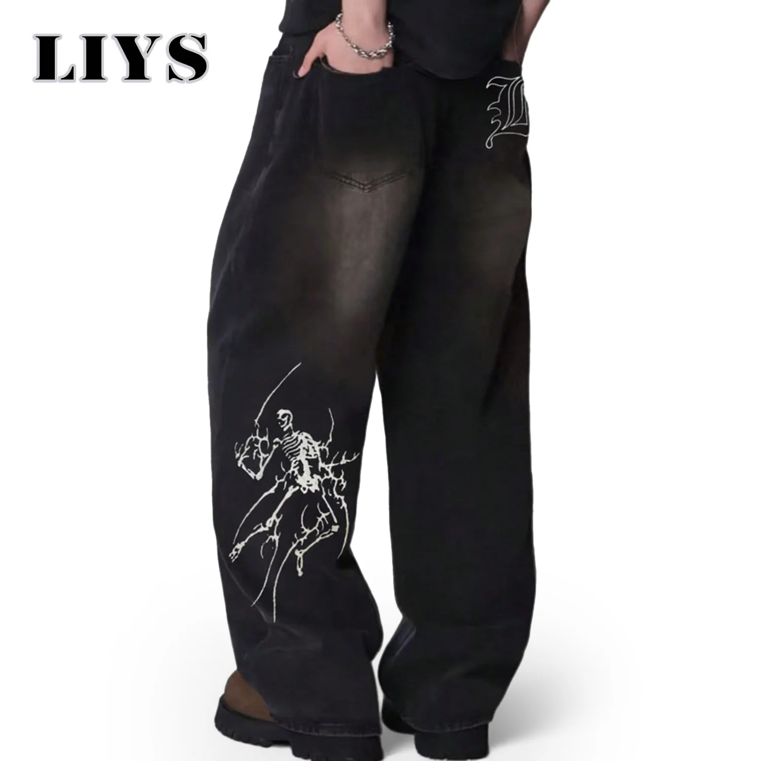 

Мужские черные свободные широкие джинсы в стиле хип-хоп с аниме, американский тренд, ретро, готика, мужские и женские широкие брюки, уличная одежда