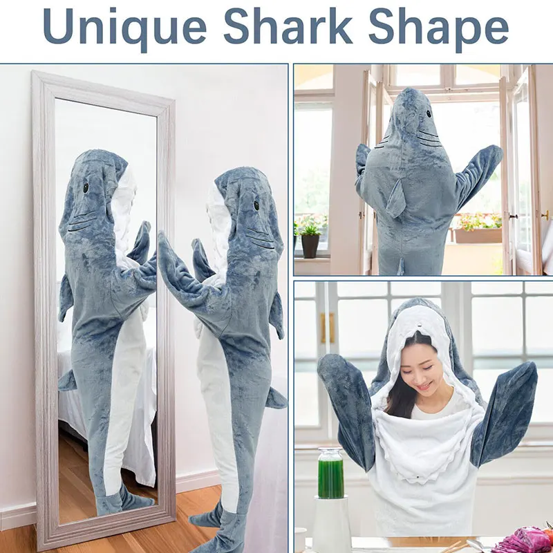 HH TRAF Winter Warm Shark Blankets Hoodie Flannel Pajamas Wearable Plush Sleeping Bag For Children Adult Cozy Shark Pajamas