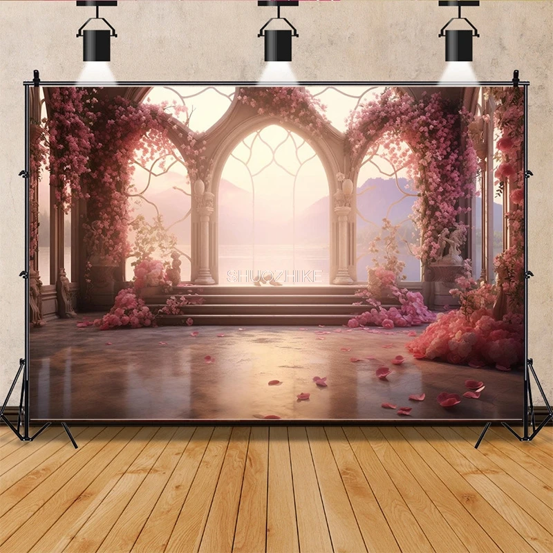 Romantic Fantasy Wedding Gate Bouquet Deco Photography Backdrop Props Archway With Flowers Palace Photo Studio Background HHL-06