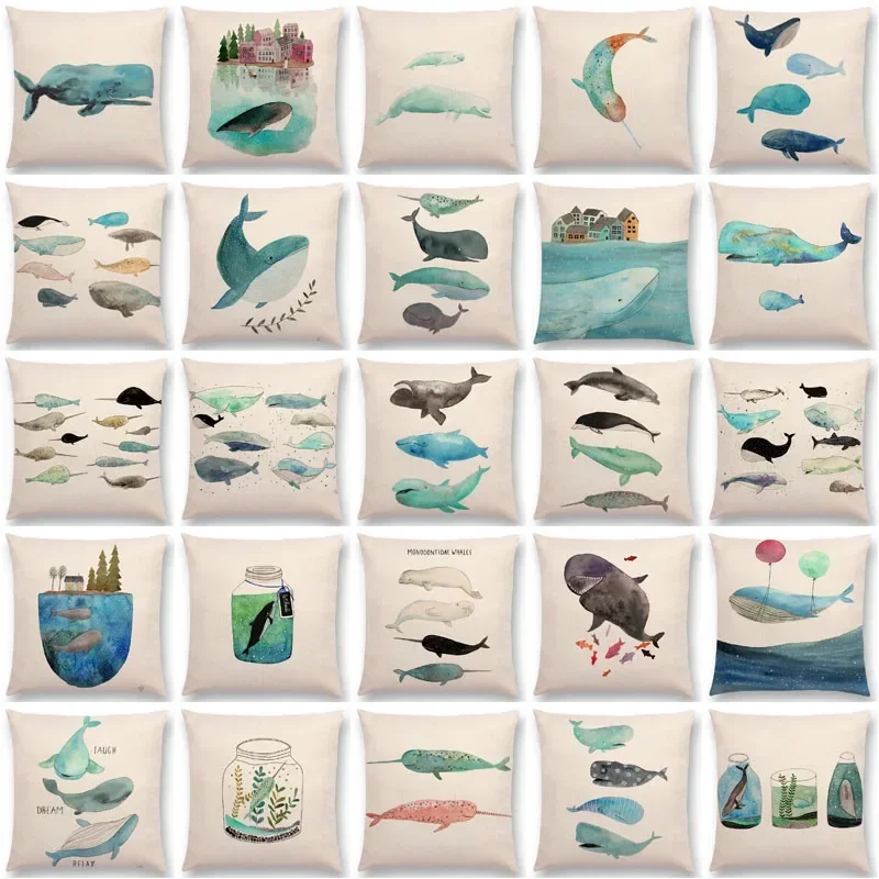 Newest Fashion Nordic Style Whale Cushion Cover Ocean Whales Home Pillow Case Linen Cotton Pillows Covers