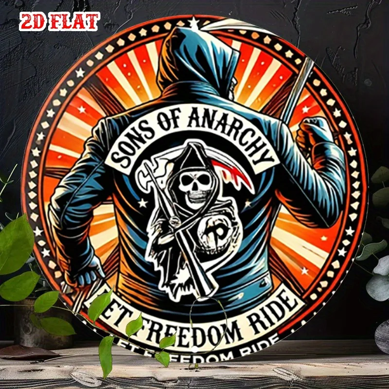 2D Flat,1pc Sons of Anarchy Biker Metal Wall Art2D Flat Round Aluminum Sign with Skull Emblem,Rustic Street Style Decor for Home