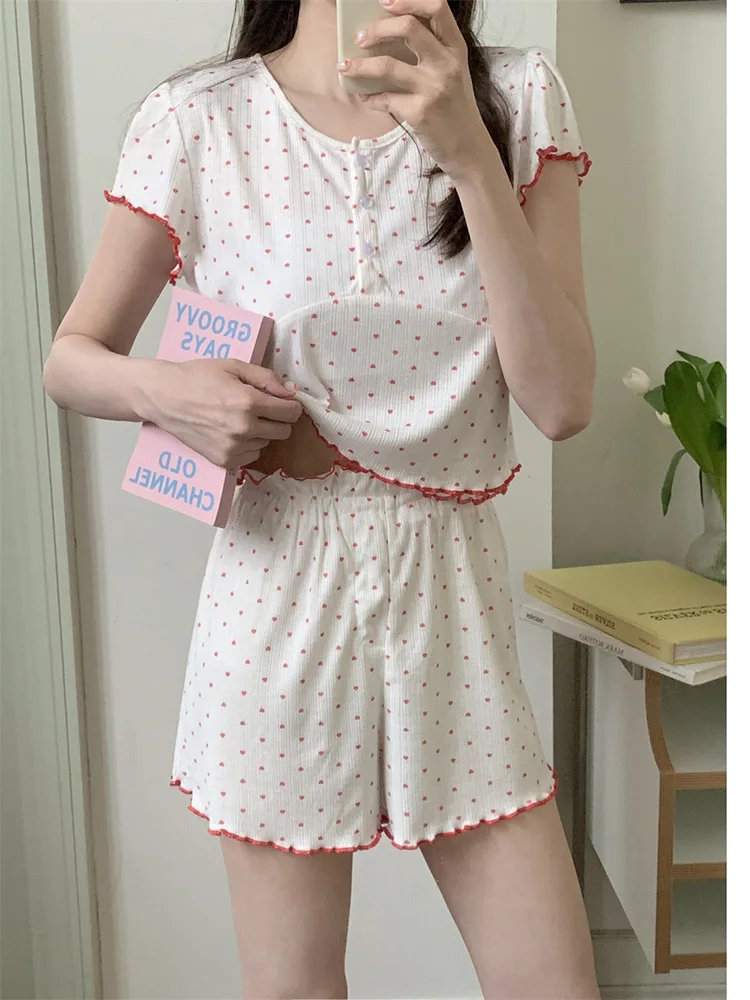 New Home Print Heart Cute Half Pants Short Sleeve Girlish Style Summer Pajama Set Women Sweet Simple Korean Summer Sleep Tops