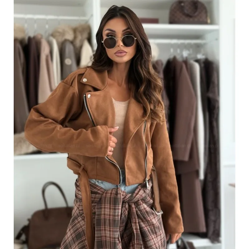 

Khaki Turn-down Collar Street Style Casual Women's Short Long Sleeved Jacket Spring and Autumn Fashion New Zipper Ladies Coat