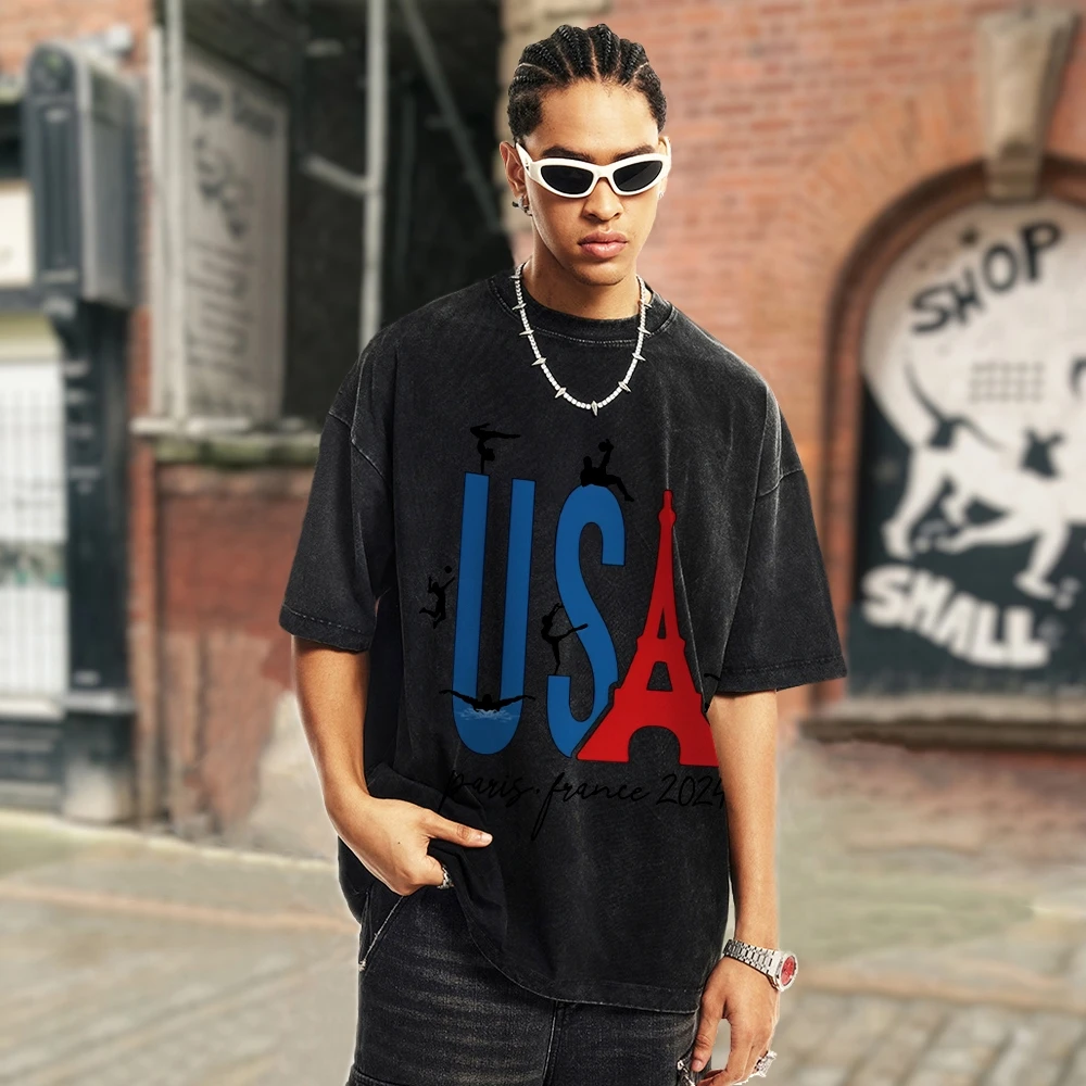 American Neutral Style Short Sleeve USA Eiffel Tower Letter Printing Fashion Trend Casual Loose Shoulder T-Shirt