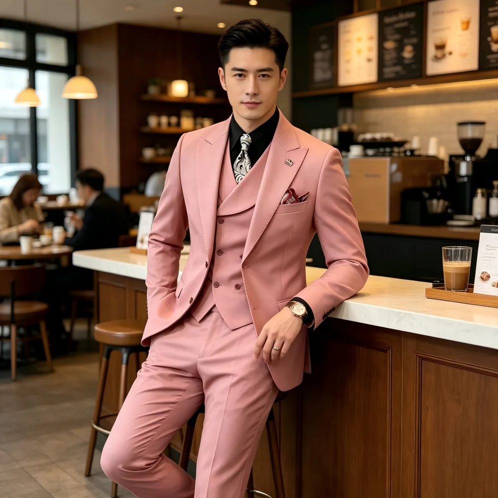 

Men's Khaki Casual 3-Piece Suit Wedding Groom Dress Suit Jacket Vest with Pants Men's Fashionable Wedding Attire