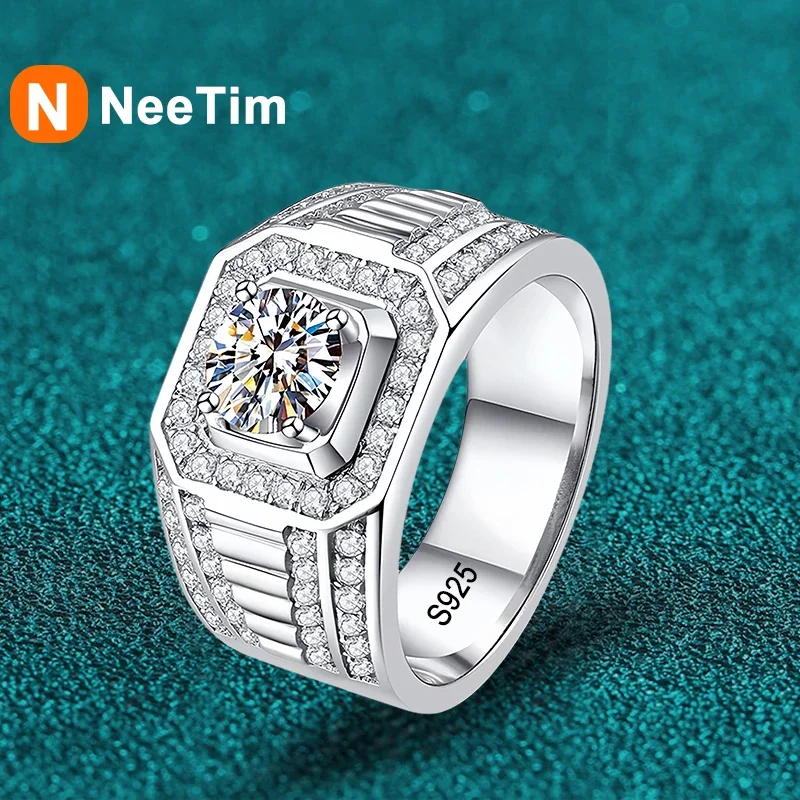 NeeTim Moissanite Ring For Men Sterling Silver Platinum Plated Ring Lab Diamond Men's Rings Wedding Jewelry With GRA Certificate