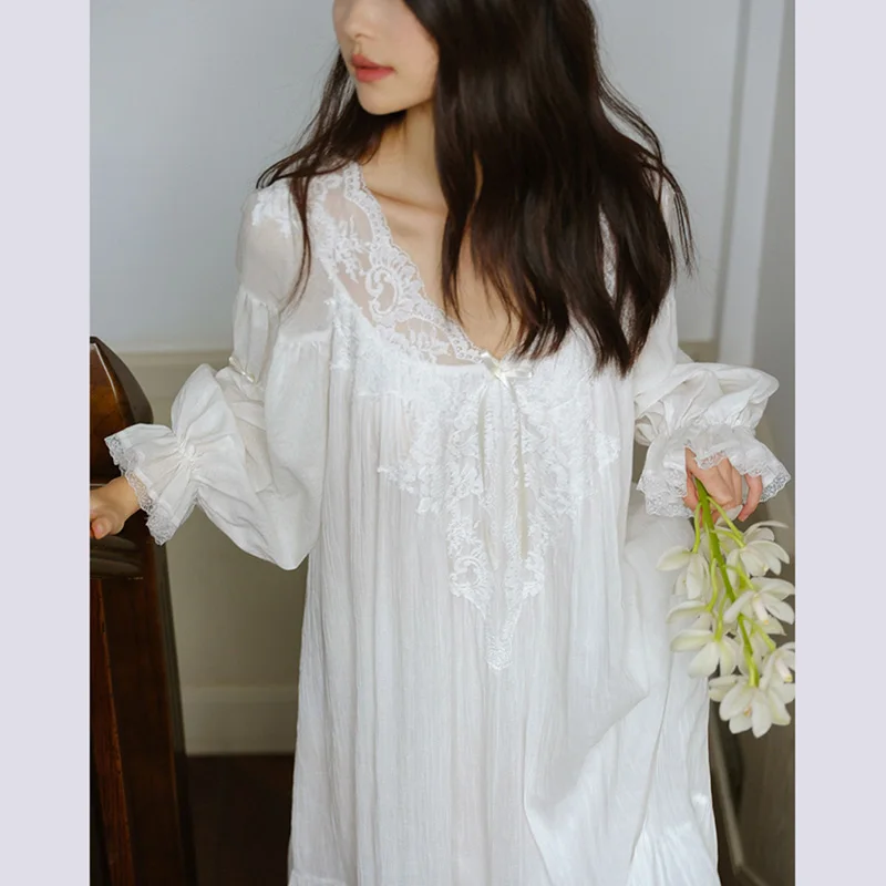French Sexy Lace V-Neck White Nightdress Princess Victoria Vintage Long Nightgowns Fairy Summer Short Sleeves Cotton Nightie