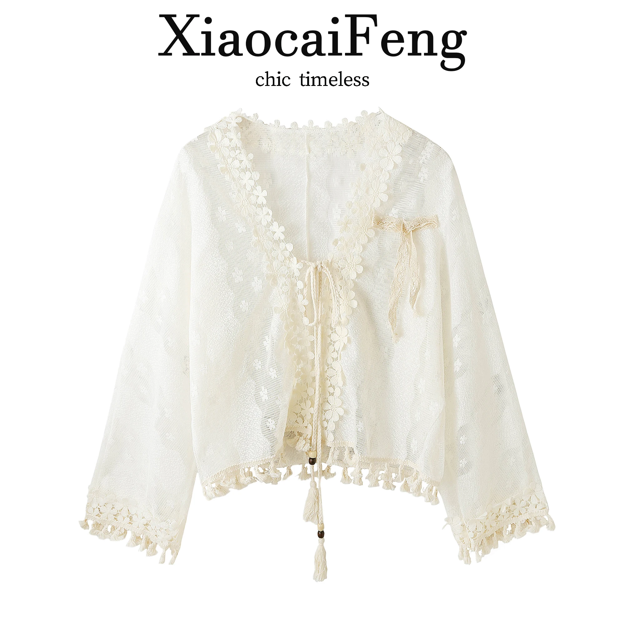 

Летний кардиган с кружевной отделкой, защитой от солнца, длинными рукавами, V-образным вырезом, свободного кроя, из полиэстера, с бахромой, в этническом стиле