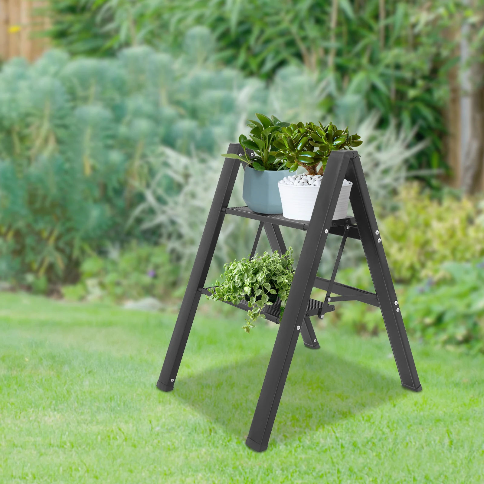 Foldable 2-Step Ladder, Portable Folding Step Stools, Multi-Use Storage Shelf, Plant Pot Holder, for Kitchen, Balcony, Garden