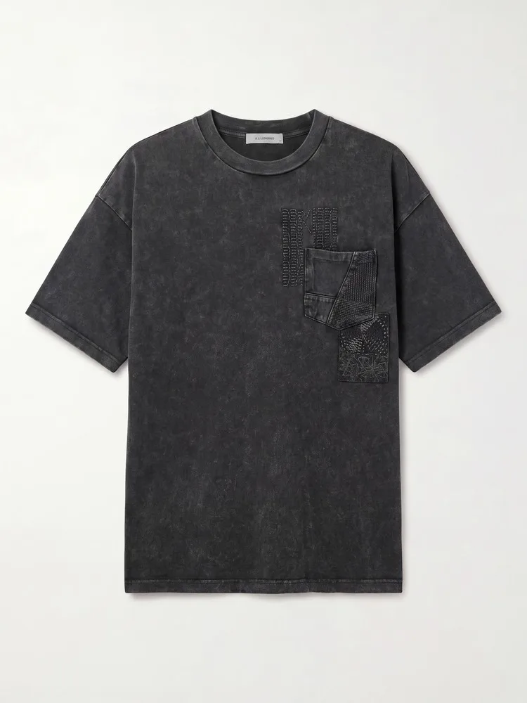 MAZZONNE Men's Washed Distressed Letter Embroidery T-Shirt Vintage Streetwear Crew Neck Short Sleeve H