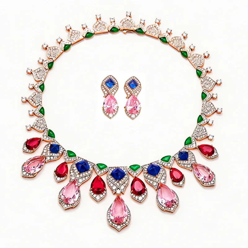 Designer Collection Style Earrings Necklace Women Lady Inlay Colorful Drop-shaped AAA Cubic Zircon Wedding Party Jewelry Sets