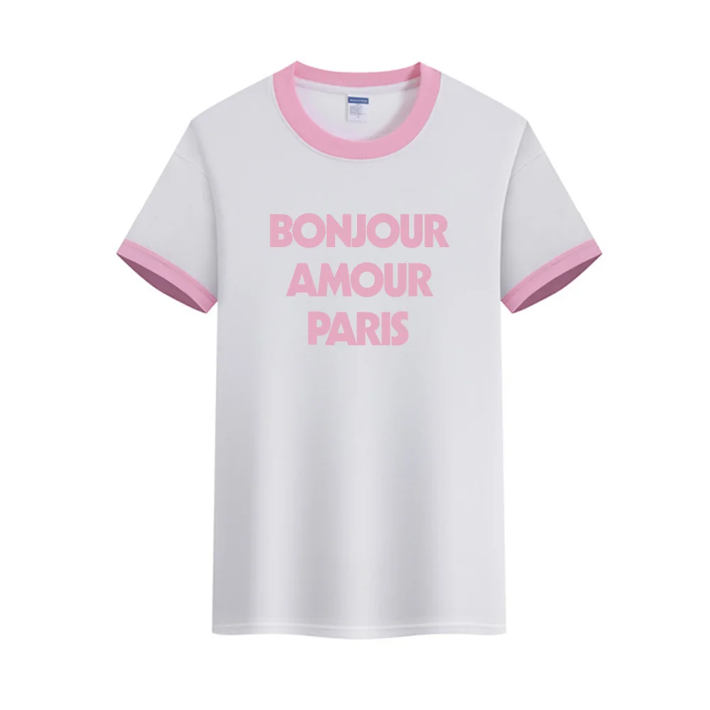 French Vintage Letters Printing Ringer Tees Female Summer 100% Cotton Short Sleeve Tops Tees Casual Crewneck Elegant T Shirts