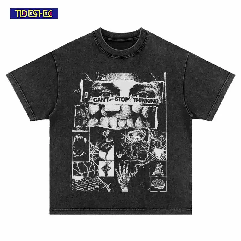 Vintage Oversized T-Shirt A Pair of Eyes and Ugly Teeth Graphic Print Washed Tshirt Streetwear Hip Hop Harajuku Fashion Top