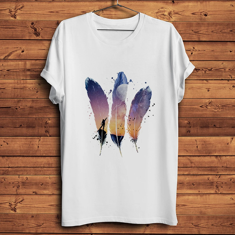 

Забавная футболка в стиле природы с перьями, луной и воздушным шаром, Homme, белая повседневная футболка с короткими рукавами, футболка унисекс, уличная одежда с дышащим принтом