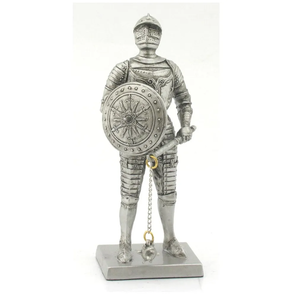 Resin Medieval Knight Statue Silver Tone Armored Warrior Figurine With Round Shield And Flail Mace Home Tabletop Decor Ornament