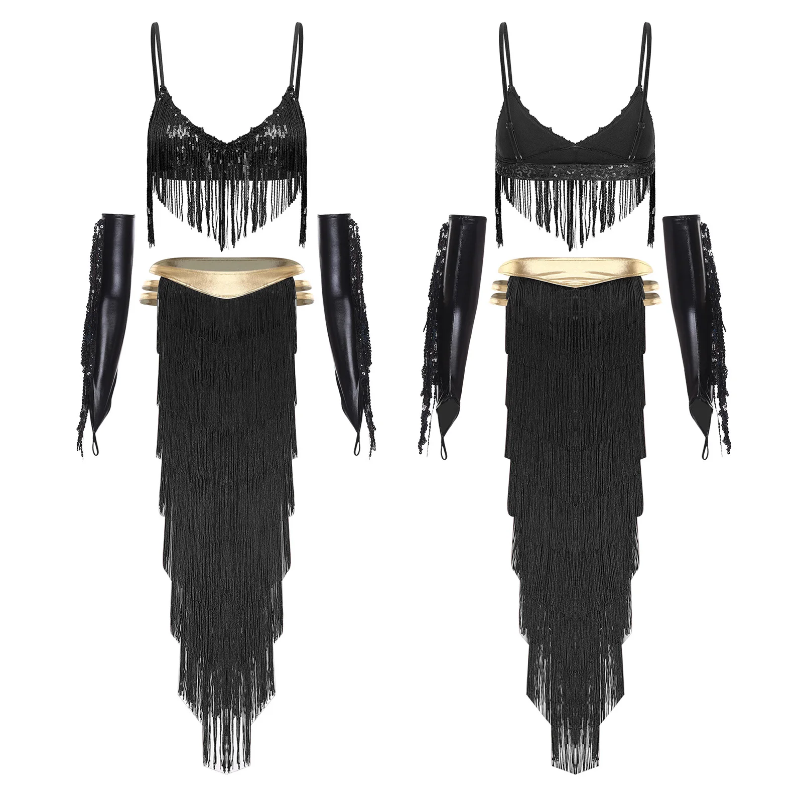 Women Shiny Belly Dance Bra Top with Tassel Slit Skirt Built-in Briefs Gloves Cleopatra Egypt Queen Costume for Halloween Party