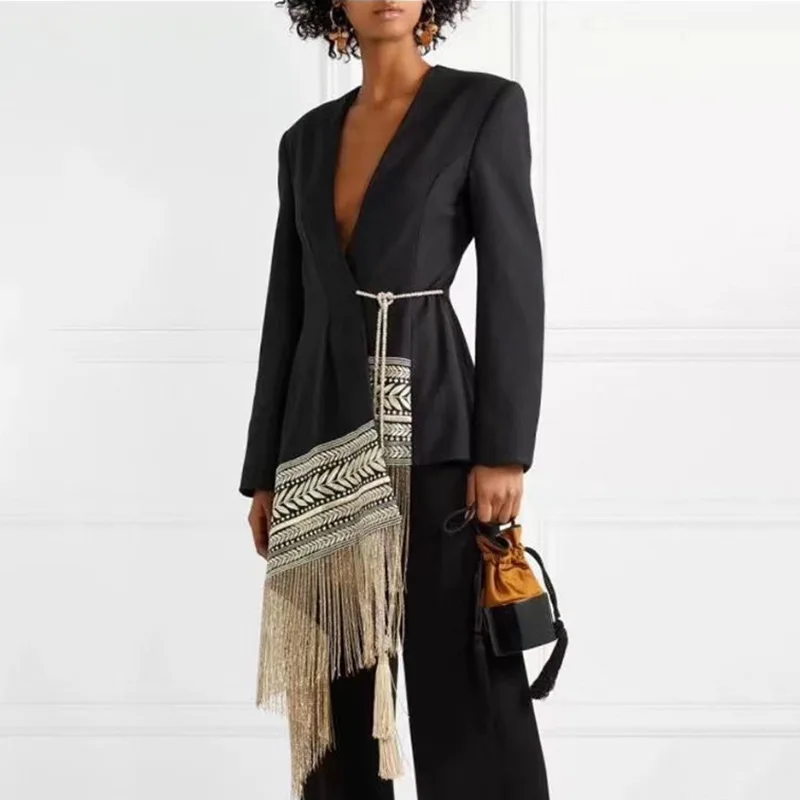 

Women elegant suit jacket with fringe,full of design,splicing style,office lady,comfortable wearing,perfect for party